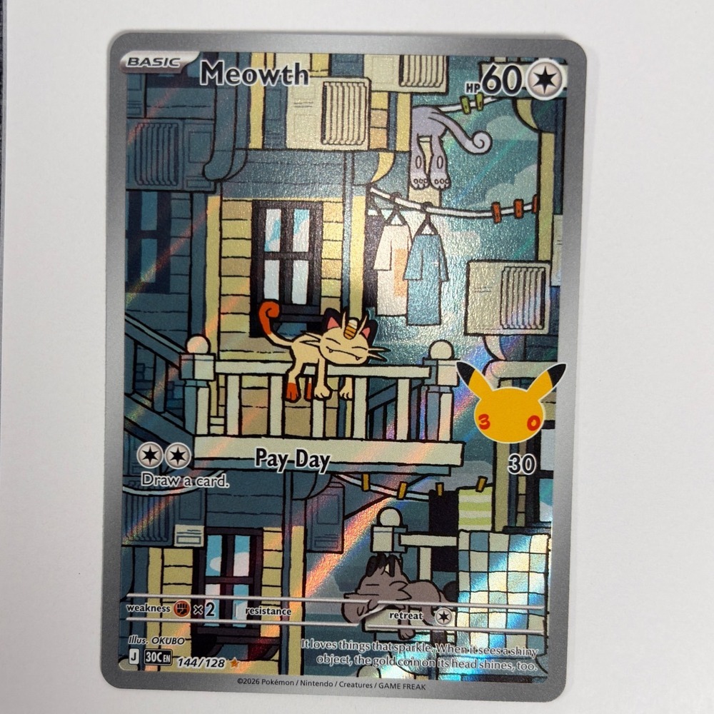 Pokemon Meowth 144/128 Full Art Secret Rare 25th Anniversary Celebrations Card